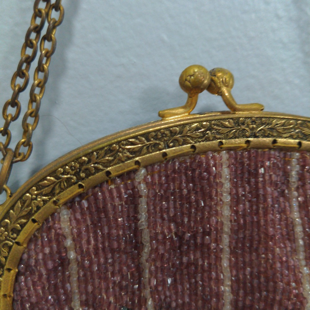 Antique 1920s Micro Beaded Purse Rose Floral Flapper Bag w/ Mirror 1929 Card Vtg - Picture 10 of 14